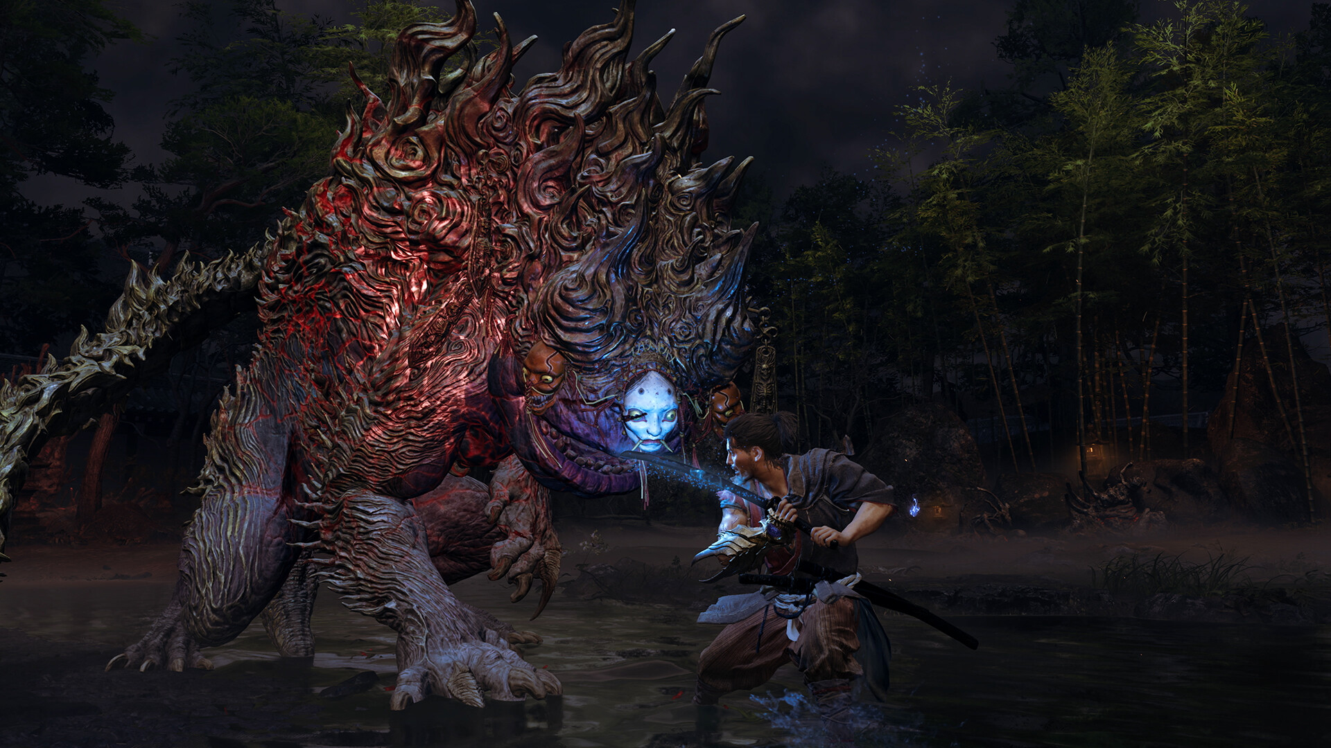 Miyamoto Musashi facing a colossal Genma in Onimusha: Way of the Sword